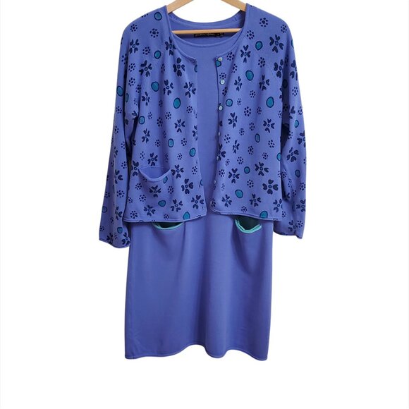 Gudrun Sjoden Womens 2 Piece Set Iris Tunic Dress Cardigan M Blue Floral Pockets - Picture 2 of 16